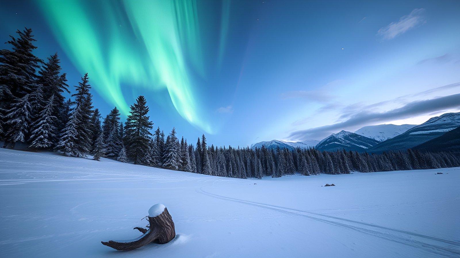 Northern lights over snowy field with pine trees and distant mountains