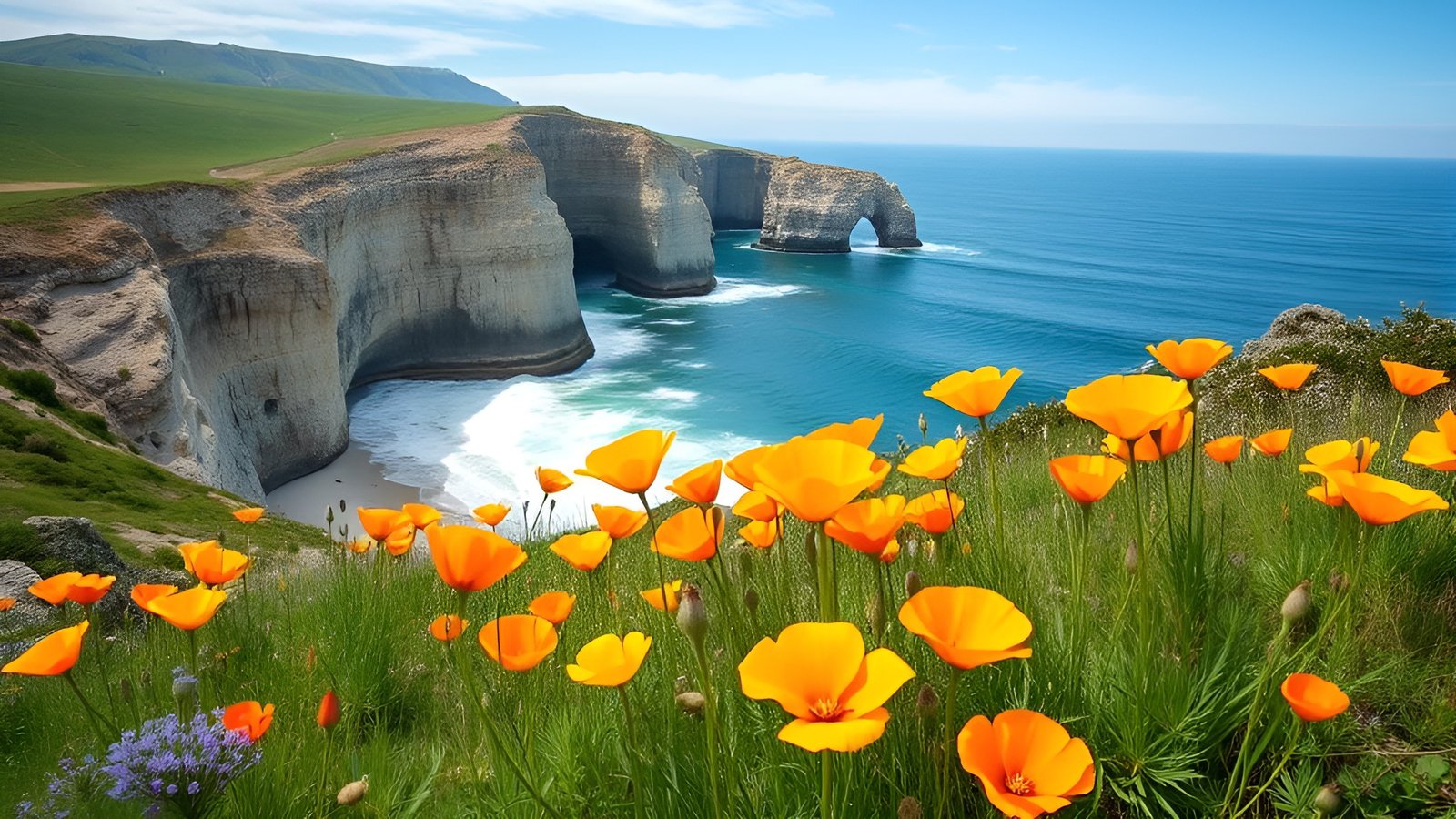 Ocean cliffs with arches and yellow california poppies on green grass