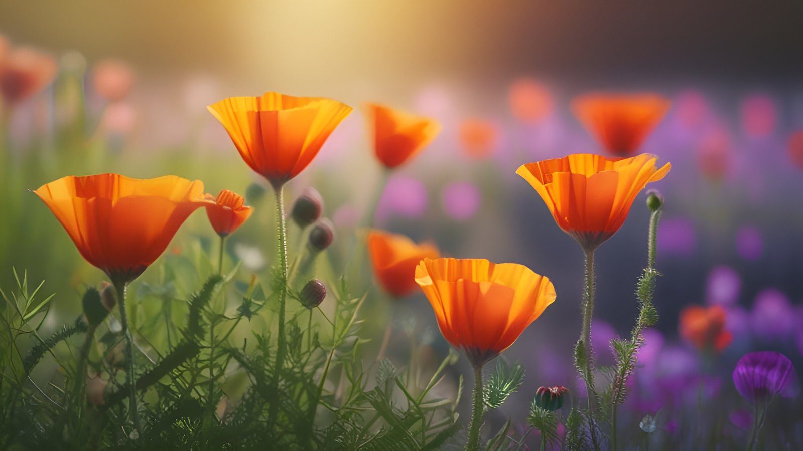 A floral photograph of orange California poppies in a meadow with purple wildflowers and warm sun
