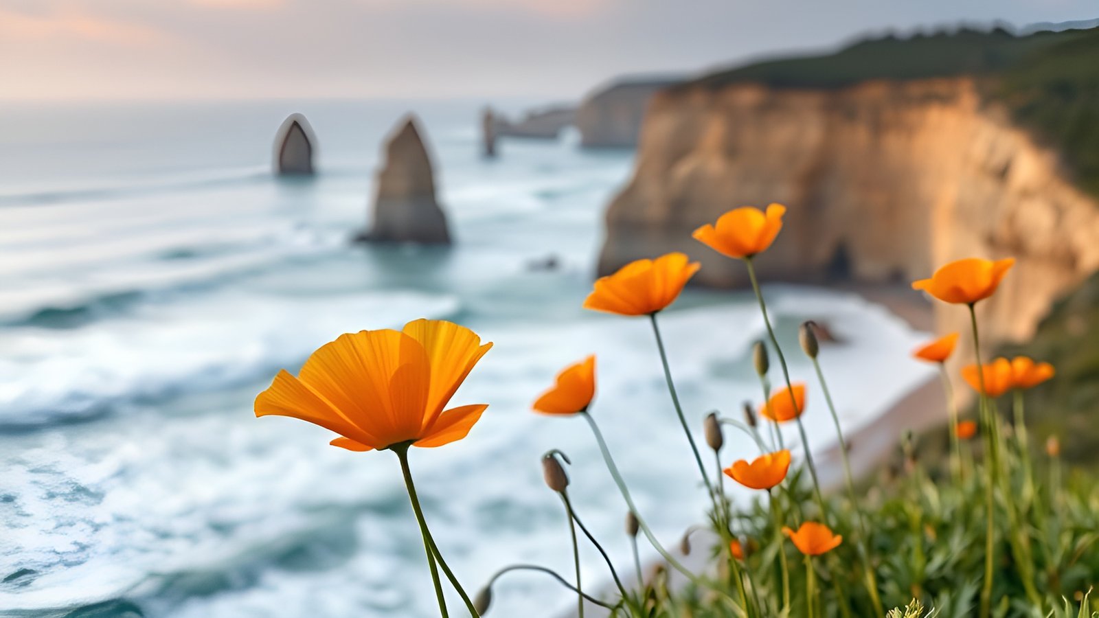 A floral photograph of orange poppies on ocean cliffs at the twelve apostles
