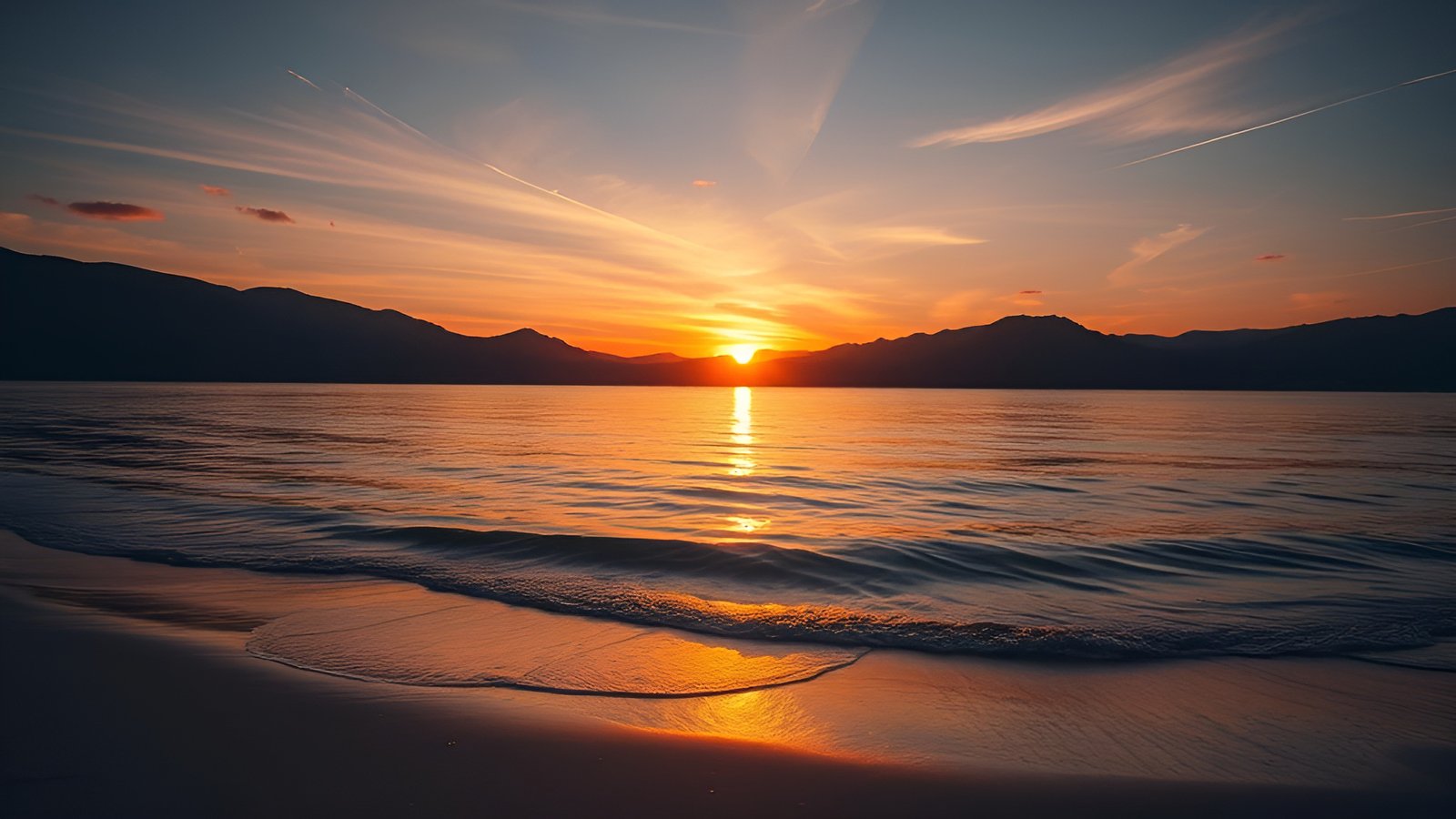 A nature photograph of an orange sunset over a calm beach with mountain silhouettes and wet sand