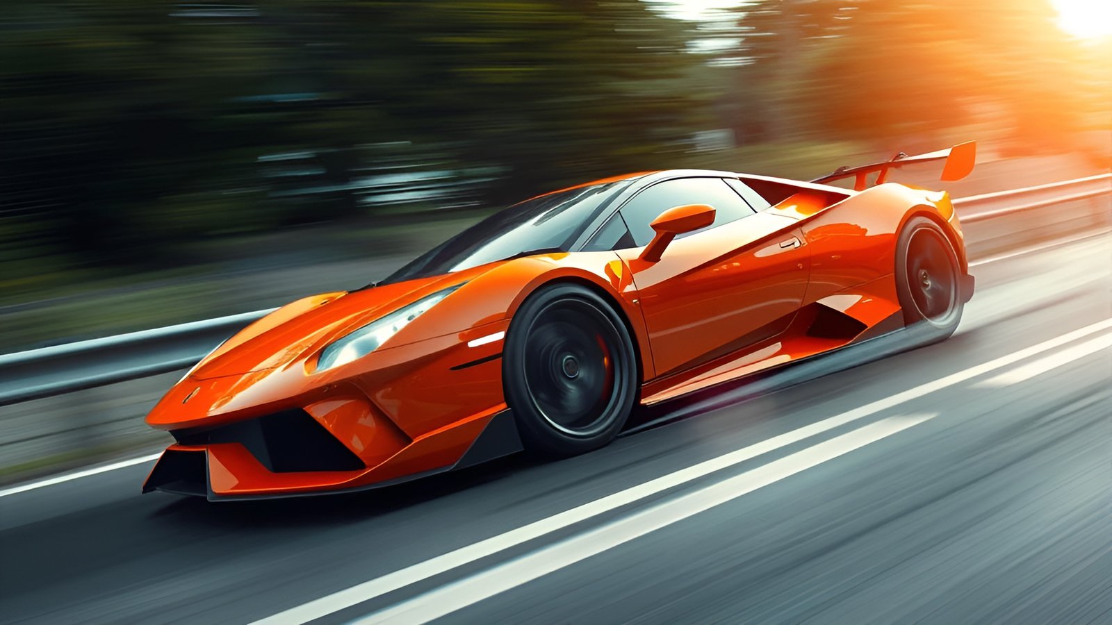 A 3d poster art orange supercar on a highway at sunset with a rear wing