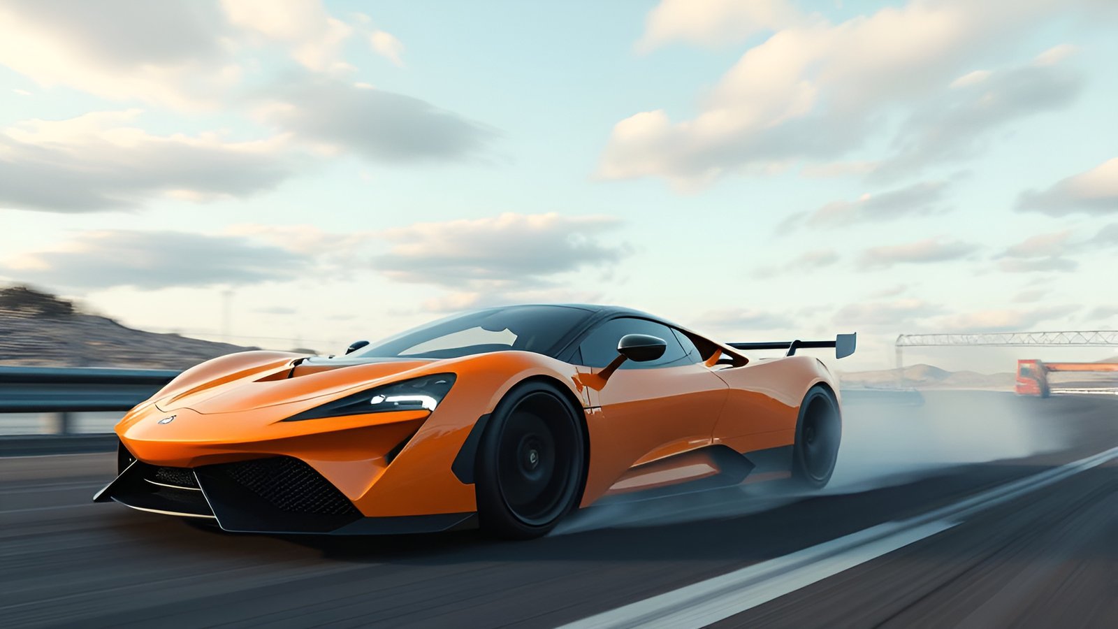 A 3d poster art orange supercar with tire smoke on a highway under a blue sky