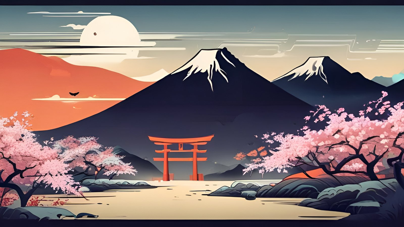 A poster art of an orange torii on pale sand before dark snow-capped peaks like Mount Fuji with pink cherry trees