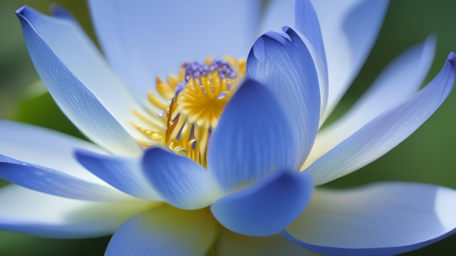 A floral photograph of a pale blue water lily with a yellow purple center on a green pond