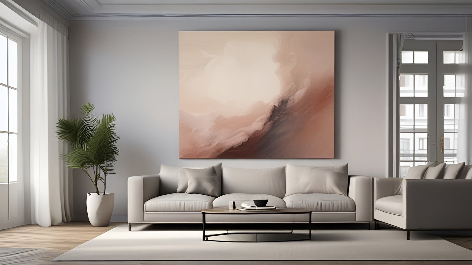 A creative photograph of a pale living room with a beige sofa, a peach and rust abstract canvas, a potted palm, and an oval coffee table