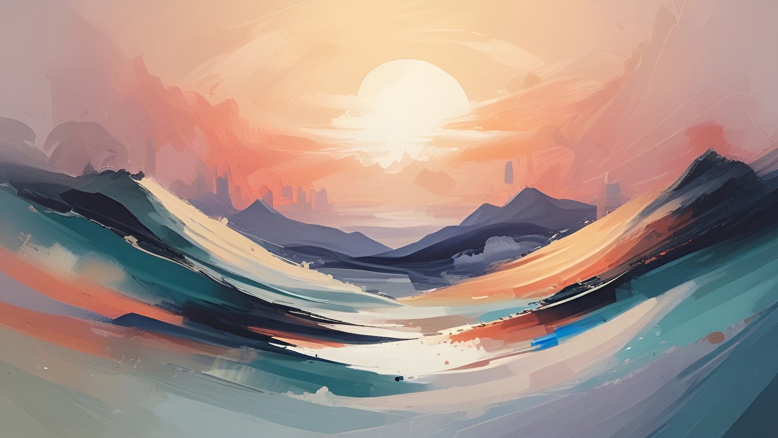 An abstract art of a pale sun over purple mountains with teal coral and cream brush under a peach sky
