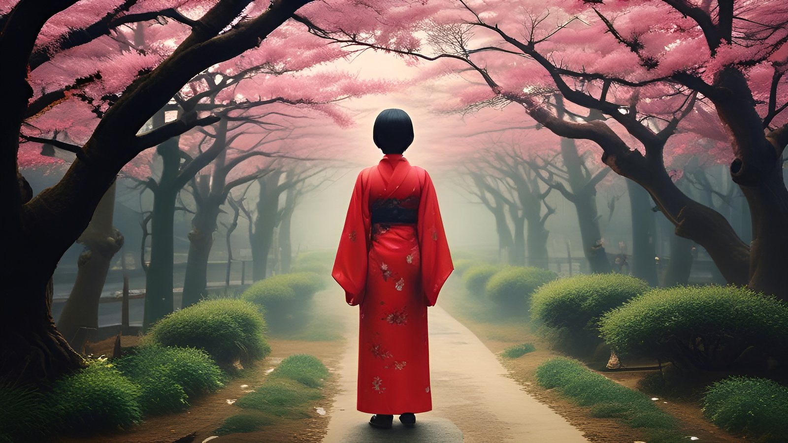 A photo of a woman in a red floral kimono walking a path under a tunnel of pink cherry trees