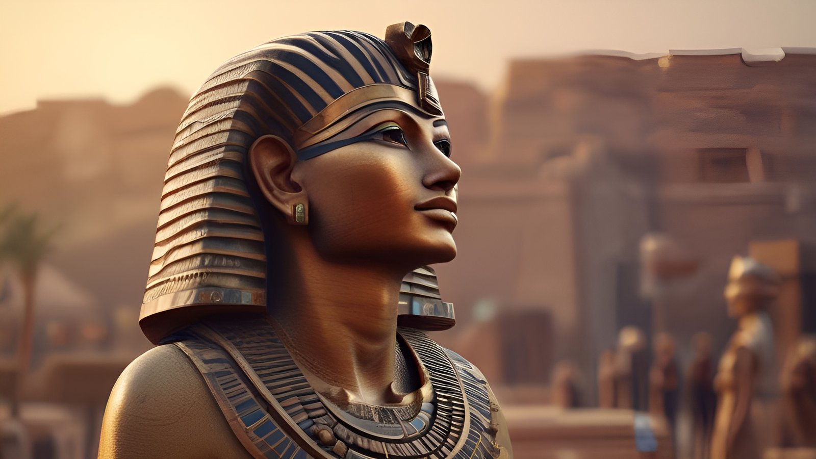 A 3d poster art profile of a pharaoh statue in a striped nemes headdress with a desert temple behind