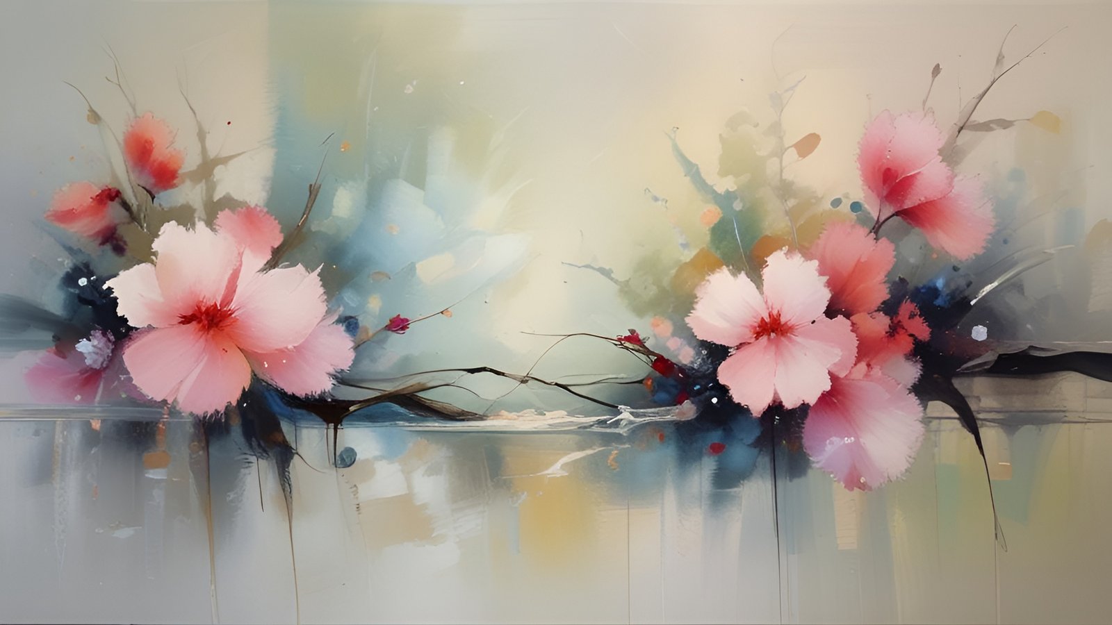 A watercolor painting style of pink blossoms with red centers on dark branches against a cream and teal wash