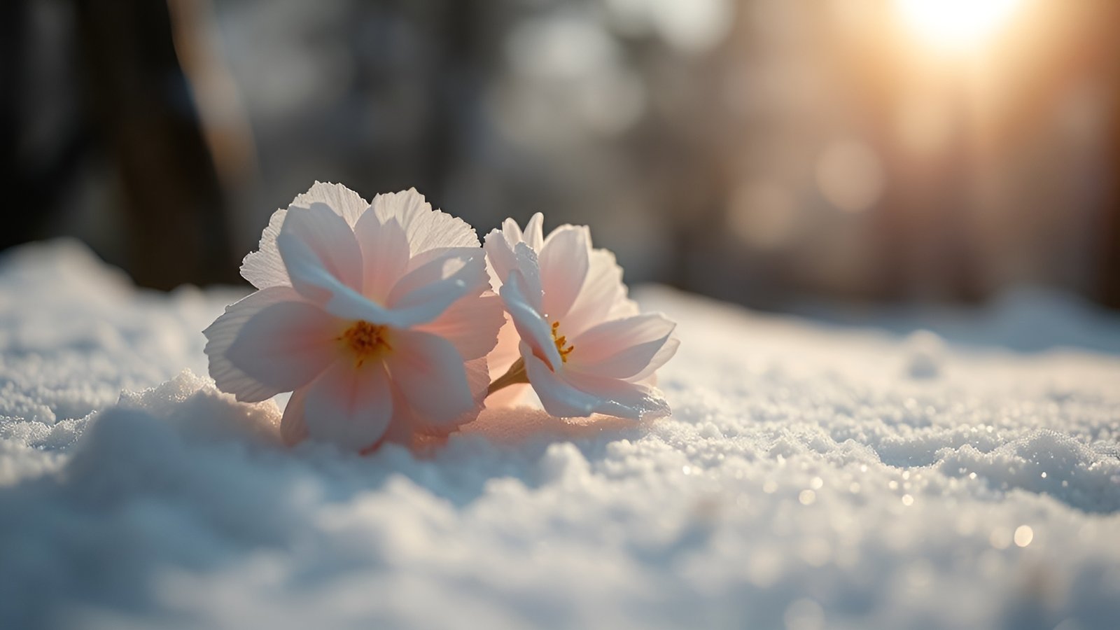 Pair of pink cherry blossom flowers lying on snow covered ground in warm sunrise light