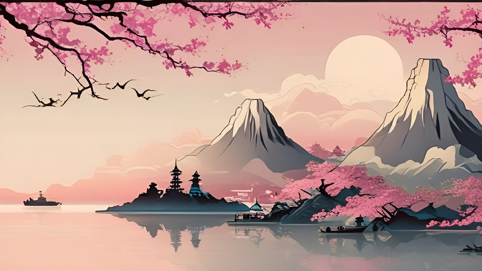 A poster art of pink cherry branches over a still pink lake with a pagoda island, peaked mountains, and small boats