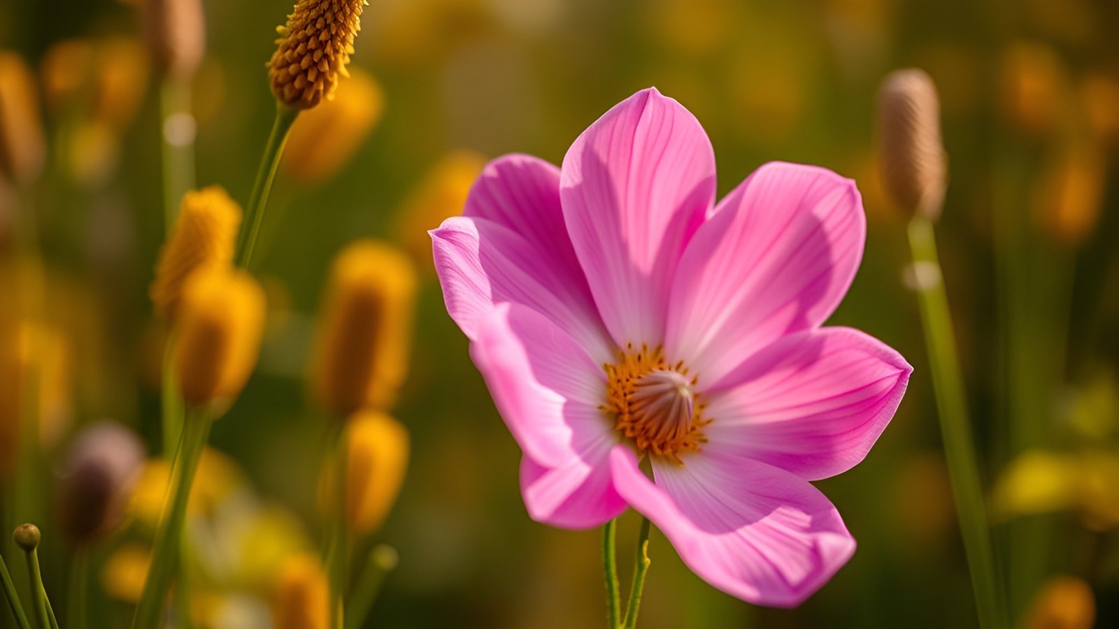 Close up of pink cosmos flower with yellow center and green stems in blurred background