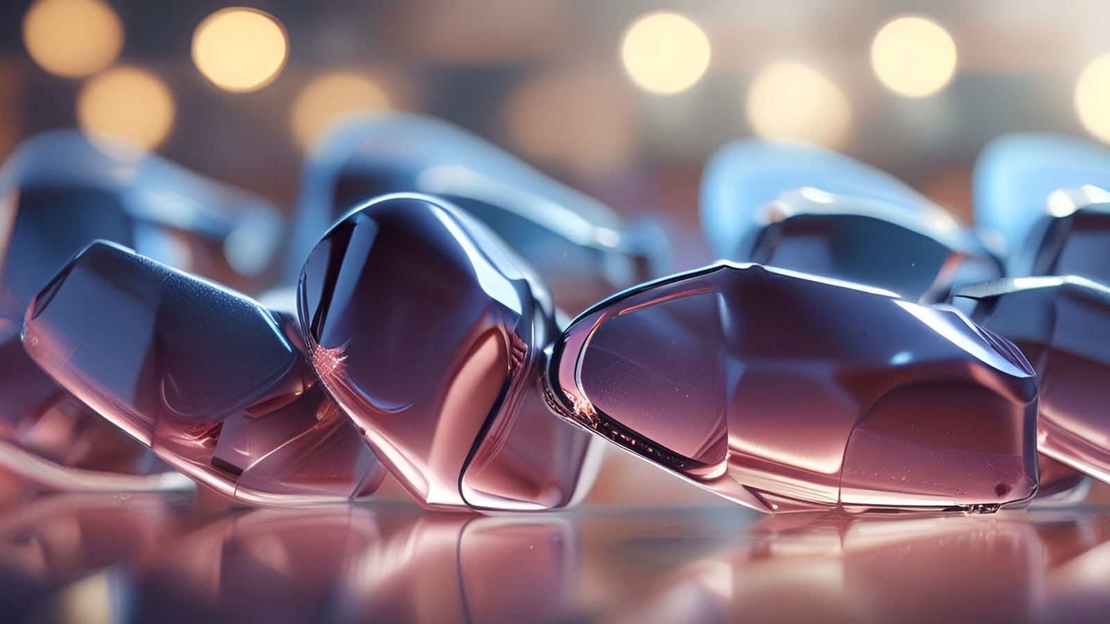 An abstract art of pink and mauve glass stones on a reflective table with warm round lights