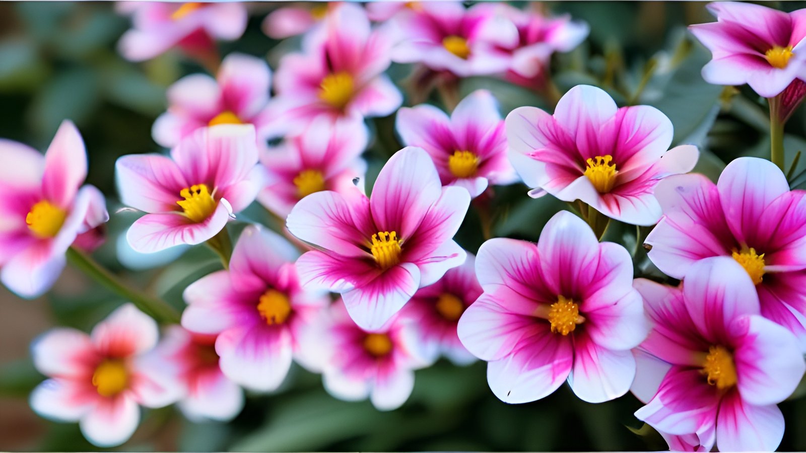 A floral photograph of pink and white five-petal garden blooms with yellow centers and green leaves