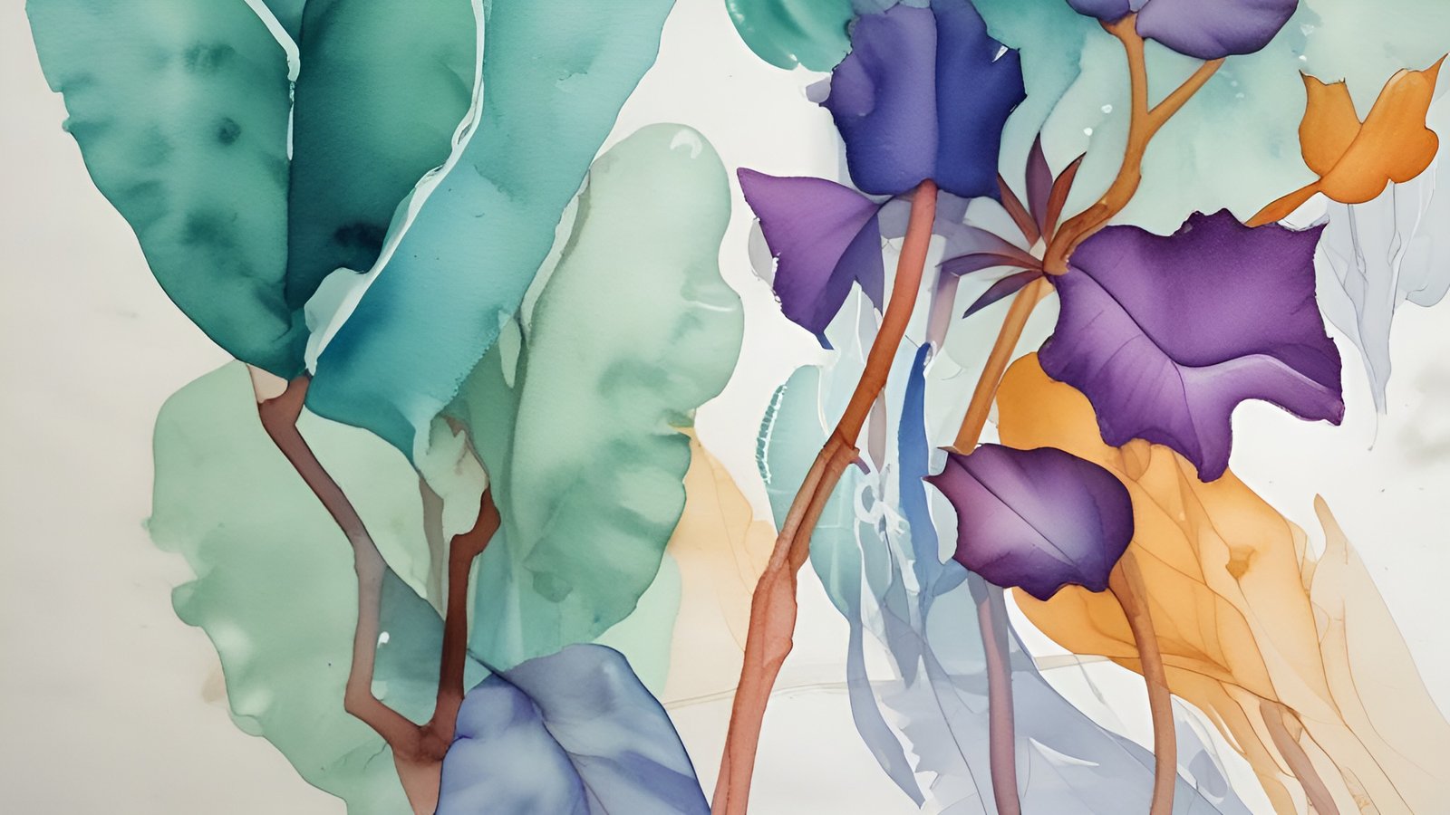 A watercolor painting style plant study with teal leaves, purple blooms, gold leaves, and brown stems