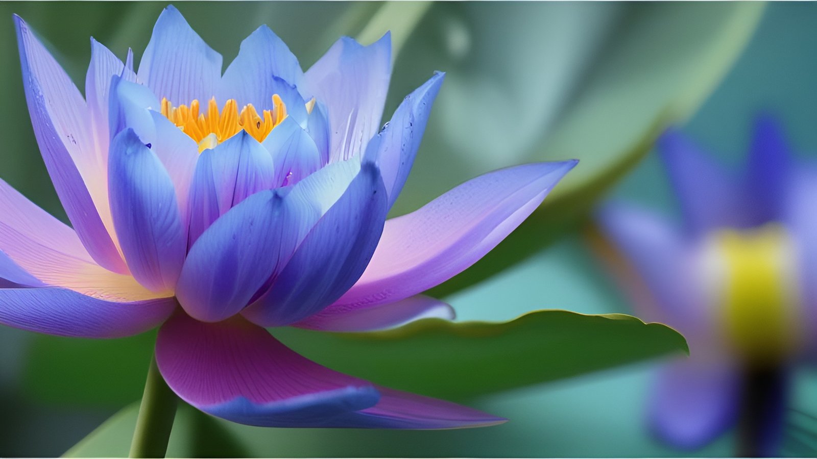 A floral photograph of a purple blue lotus bloom with a yellow center and a green lily pad