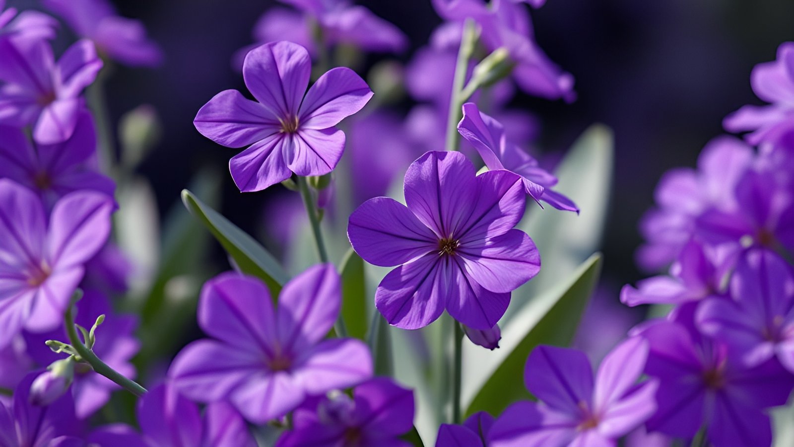 A floral photograph of purple geranium flowers with green leaves