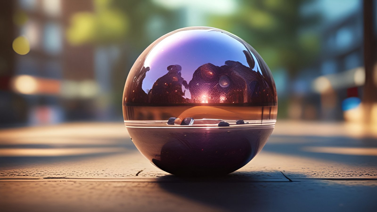 A creative photograph of a purple glass orb on a sunlit city sidewalk with inner stones and a warm glow against a blurred street