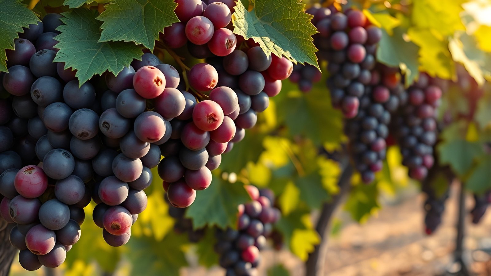 Purple grapes on vine with green leaves and red accents in sunlit vineyard background