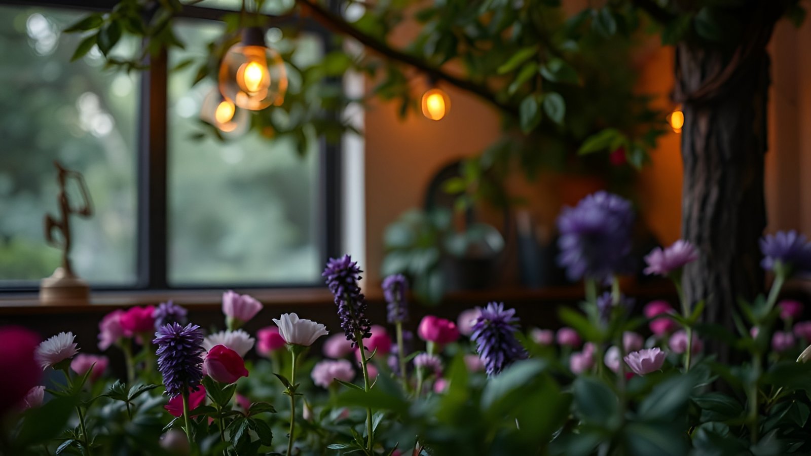 A floral photograph of purple liatris and pink asters in an indoor garden with string lights