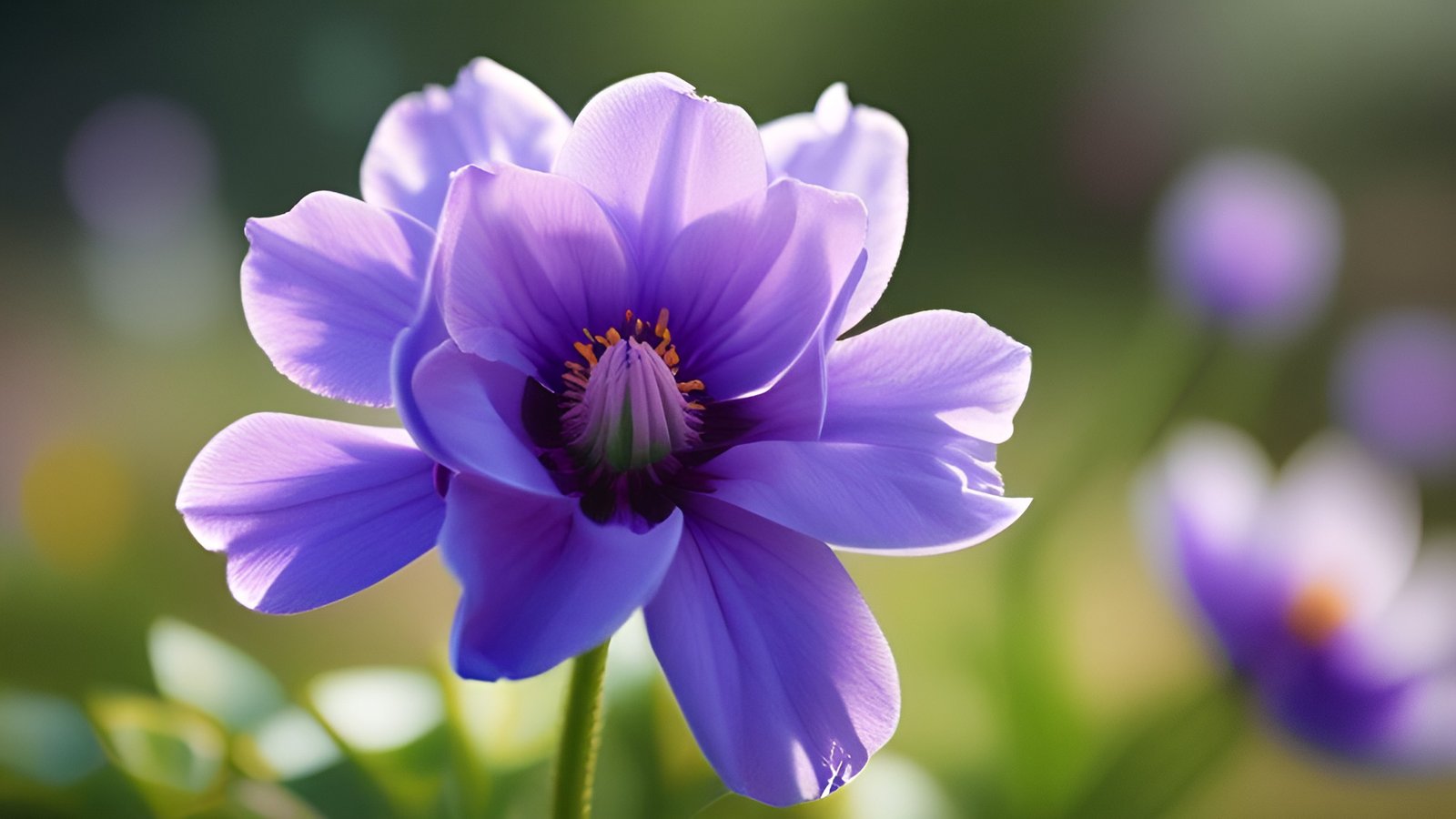 A floral photograph close crop of a purple osteospermum bloom with a dark center and orange stamens