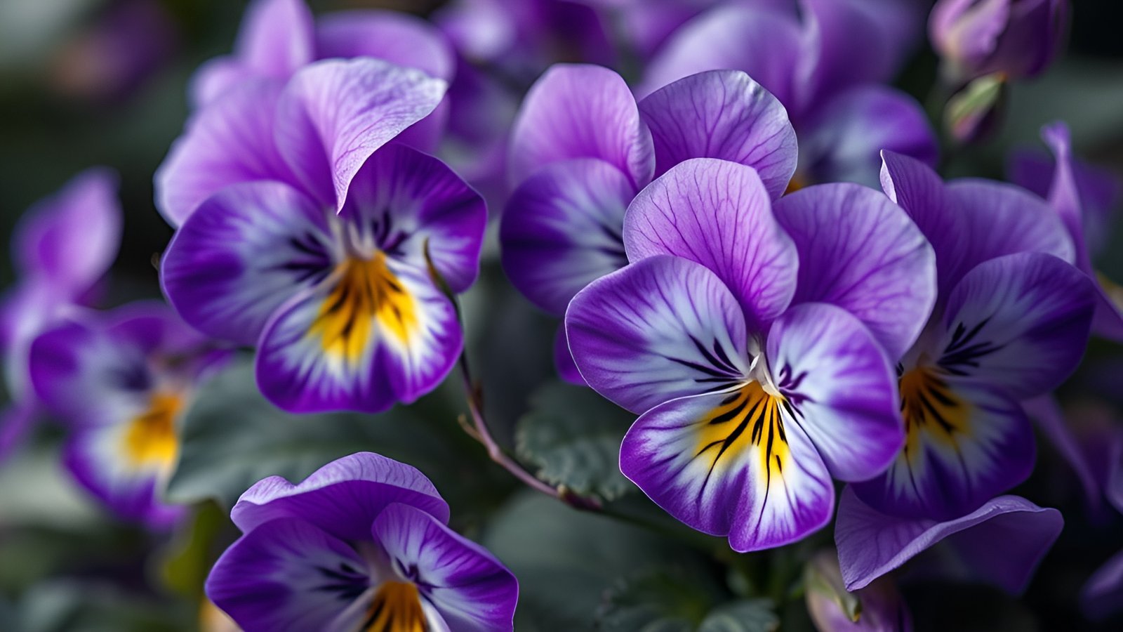 Purple pansy flowers with yellow centers and green leaves against dark background
