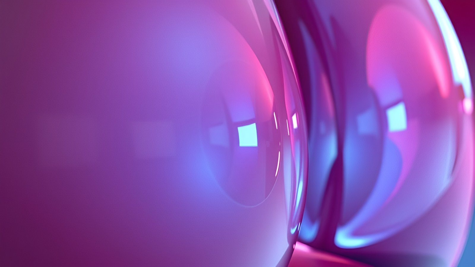 An abstract art close-up of purple pink glass spheres with cyan window reflections