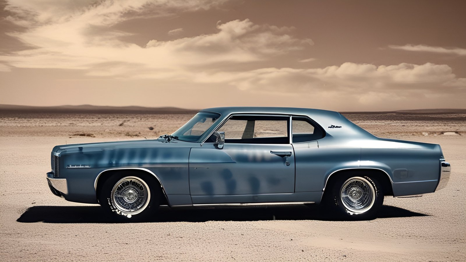 Realistic photo of blue Chevrolet Impala style classic car parked on desert salt flat under cloudy sky