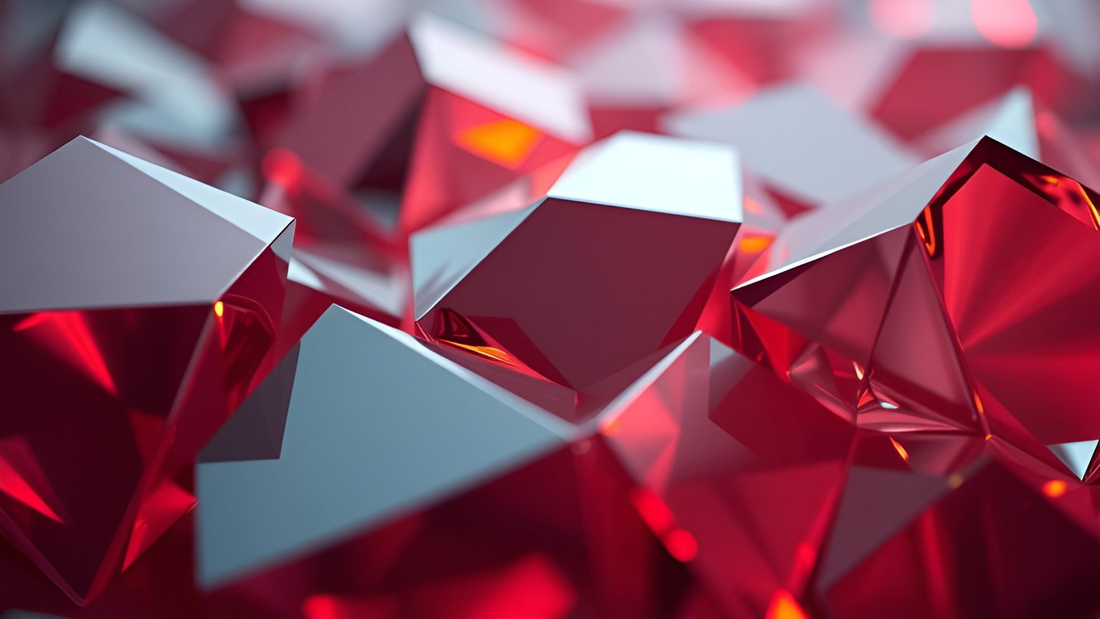 Red crystals with silver accents and shiny reflective surfaces
