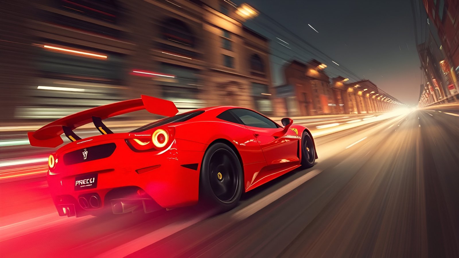 A 3d poster art red ferrari on a night city street