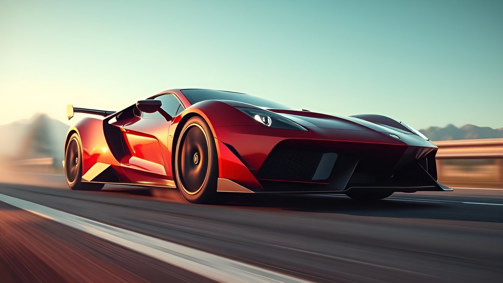 A 3d poster art red hypercar on a highway at sunset, front view