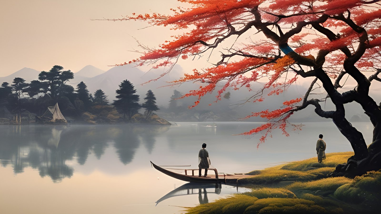 An oil painting style of a red Japanese maple over a still lake with a wooden boat and a person on a grassy bank