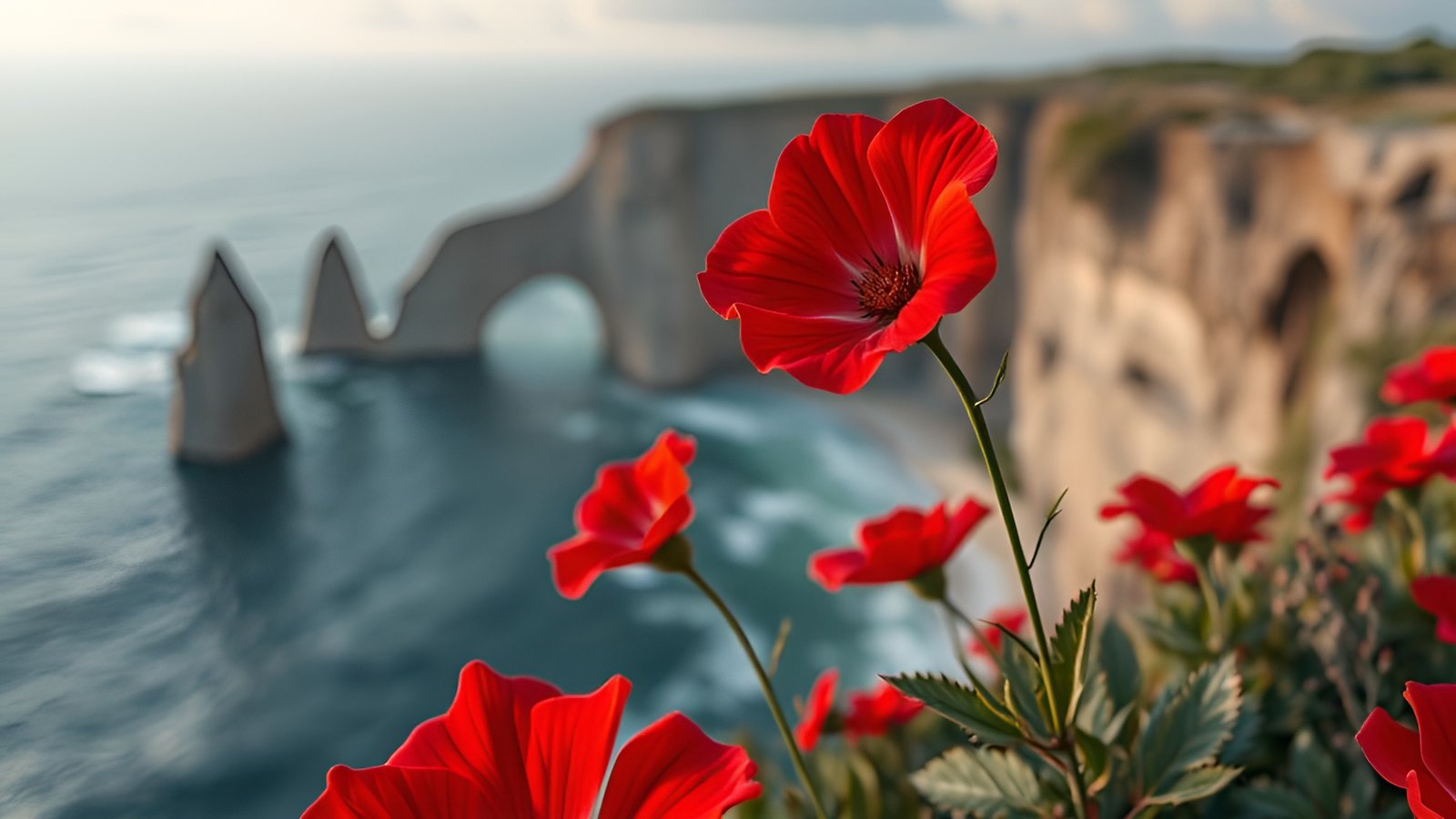 Red poppy flowers on cliff edge overlooking blue ocean with arch rock formation and waves