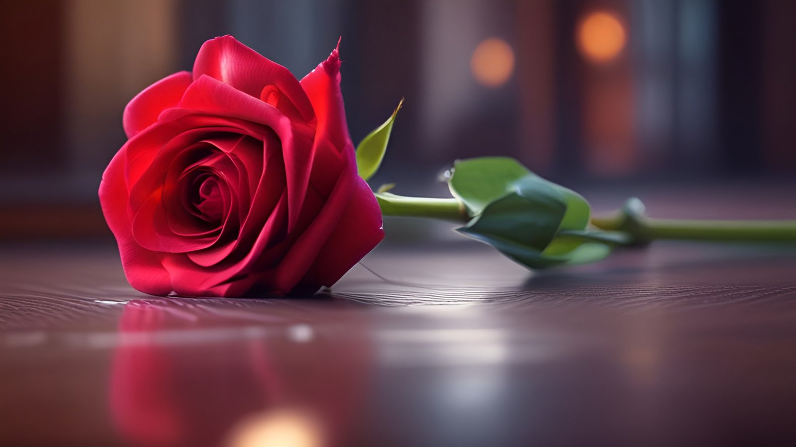 A floral photograph of a red rose on dark polished wood with a green stem and indoor bokeh lights