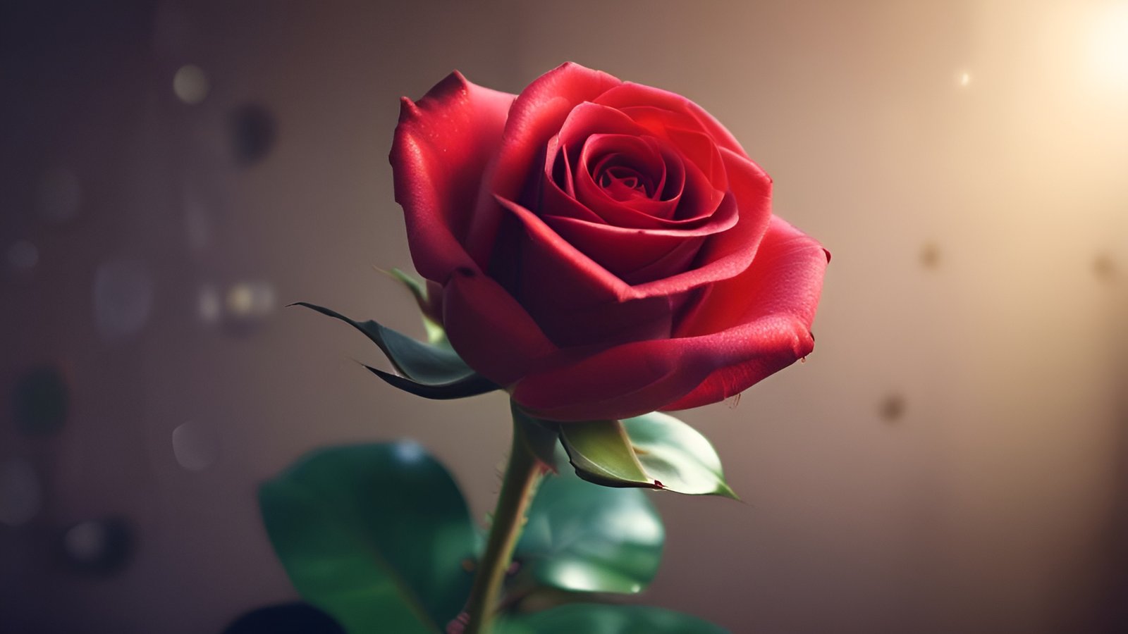 A floral photograph of a red rose with green sepals and leaves under a warm lamp glow