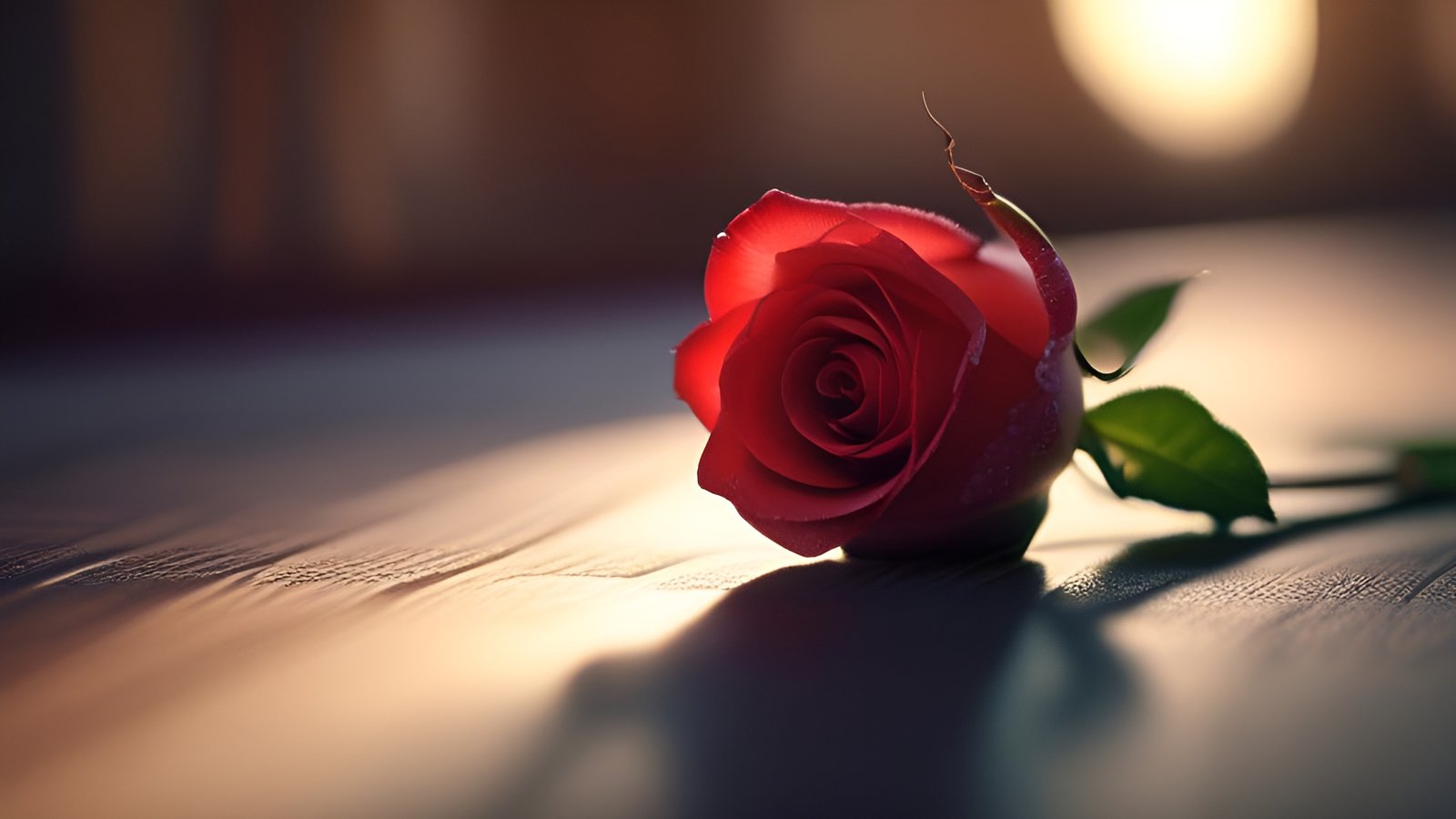 A floral photograph of a red rose lying on a wood table under warm lamp light with a long shadow