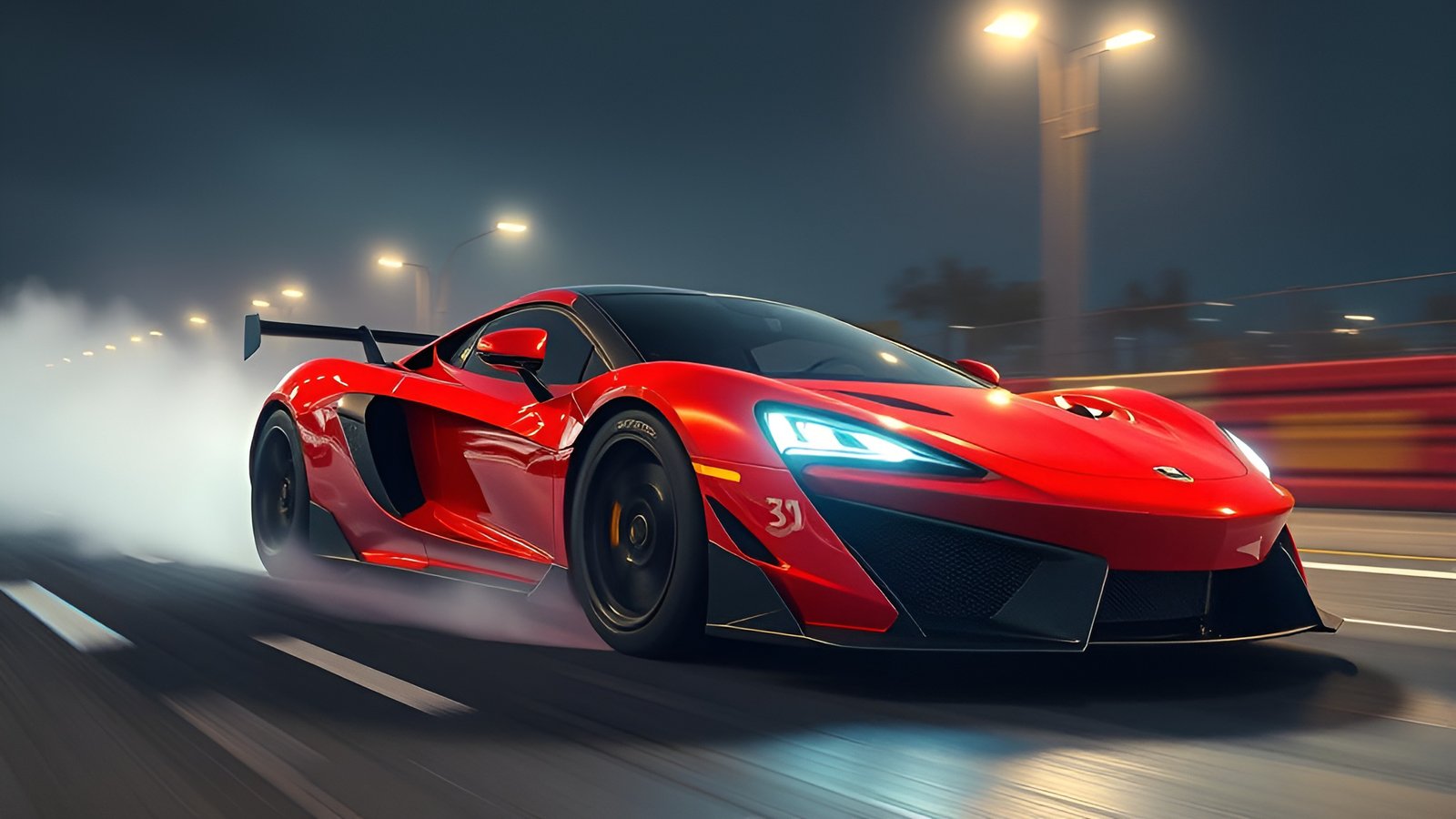 Red sports car drifting on night track with tire smoke and glowing headlights on racing circuit