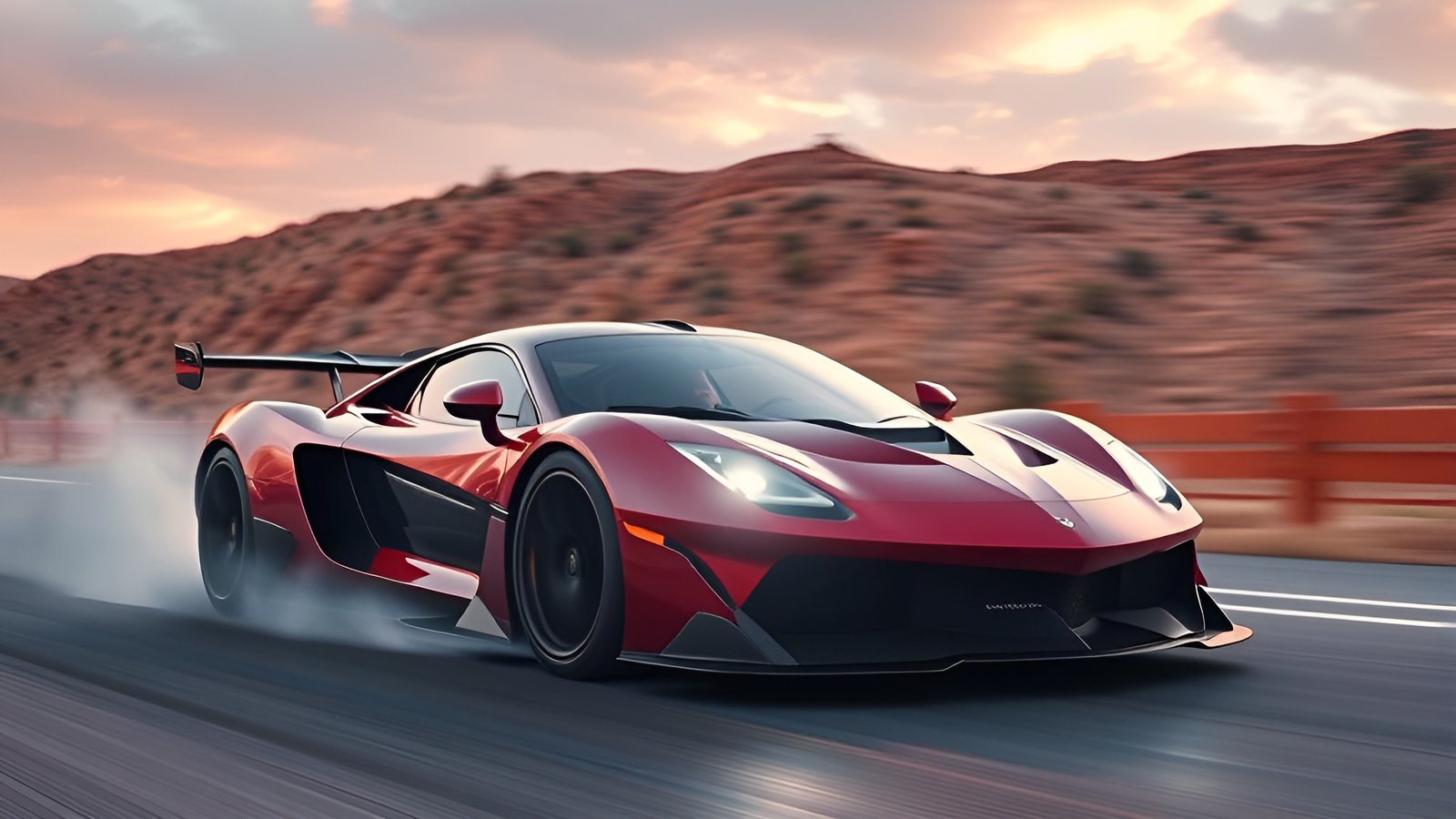 A 3d poster art of a red supercar on a desert canyon road with tire smoke under a pink dusk sky