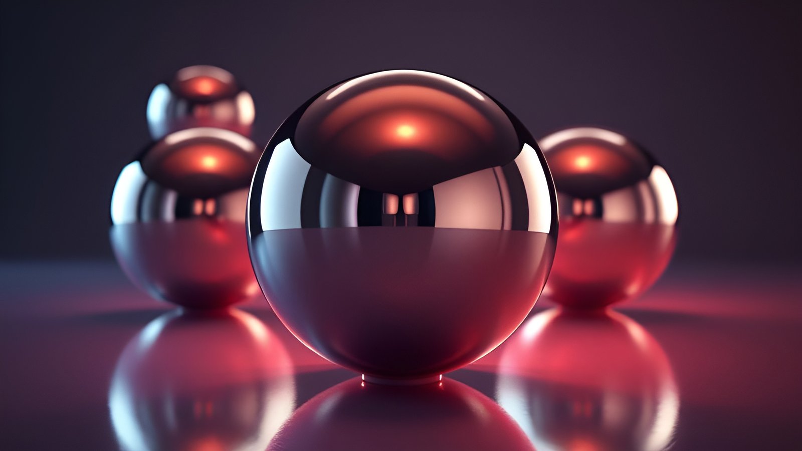 Group of reflective metallic spheres in silver and red tones on gradient red surface with dark background