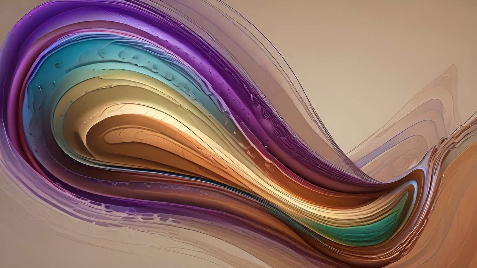 An abstract art ribbon of purple teal gold cream and brown paint on a beige ground with a wet sheen and raised ridges