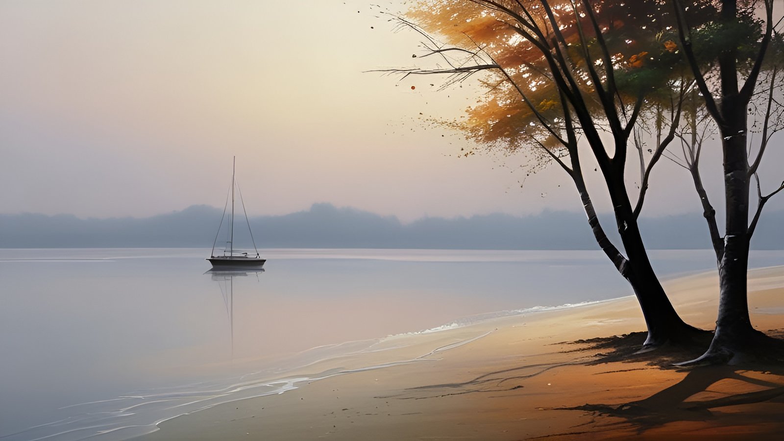 An oil painting style sailboat on a still lake at dusk with gold-leafed trees on a sandy shore and misty hills
