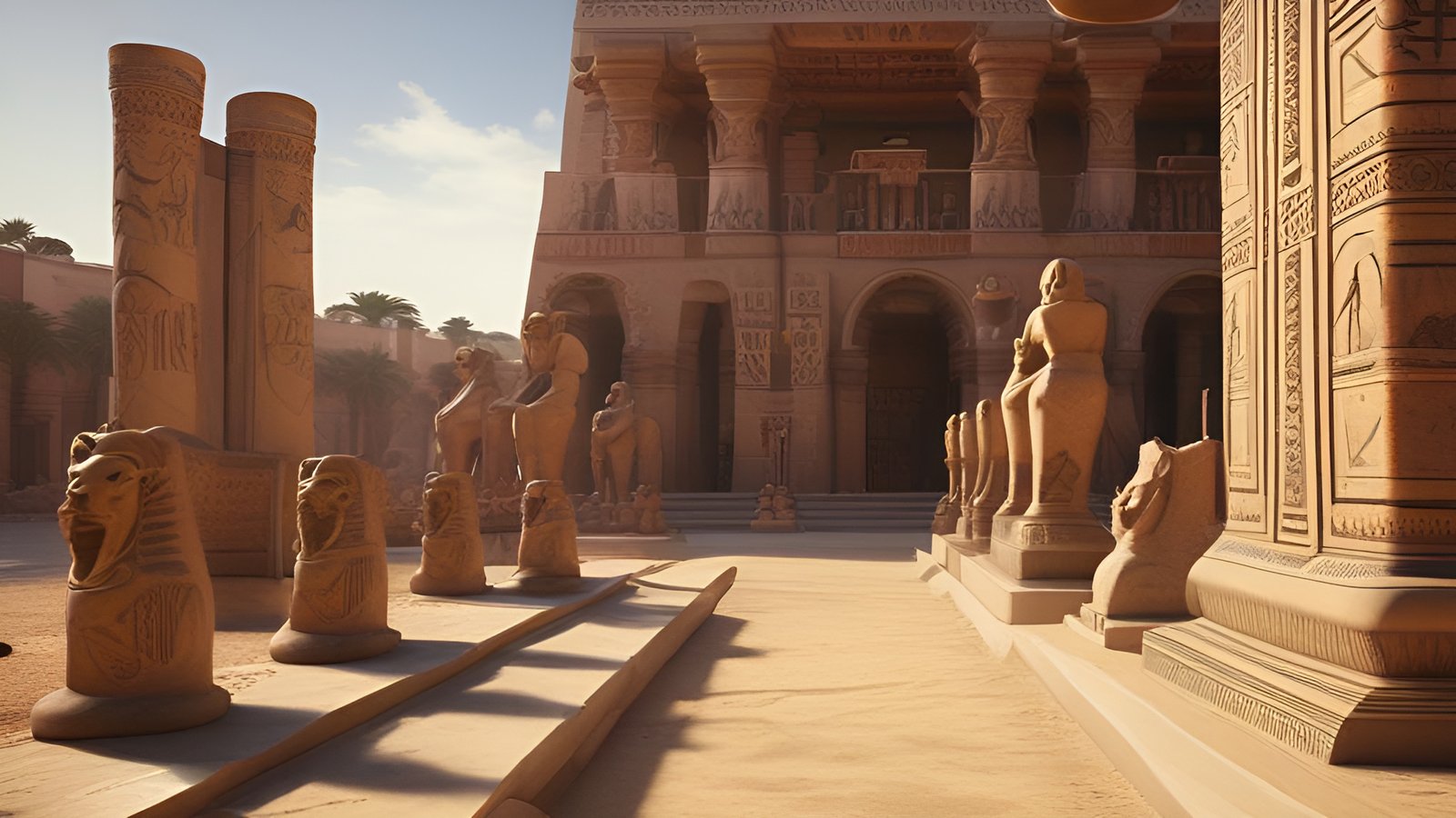 A 3d poster art sand-colored Egyptian courtyard with sphinx heads, carved columns, a temple facade, and palm trees