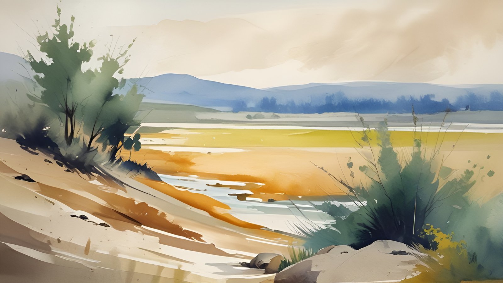 A watercolor painting style of a sandy bank, green shrubs, ochre fields, a shallow stream, and blue hills