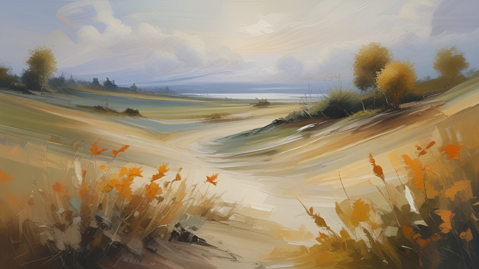 An oil painting style sandy path toward a blue sea with orange wildflowers, gold trees, and a cloudy sky