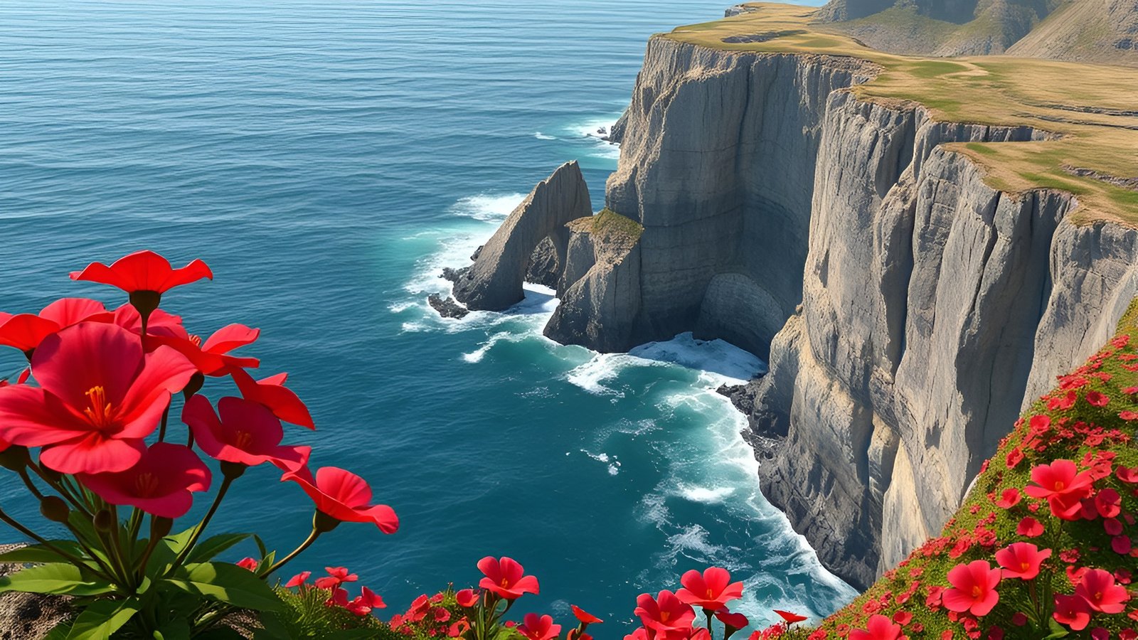 A seascape with red flowers on cliff edge overlooking ocean with a rock arch
