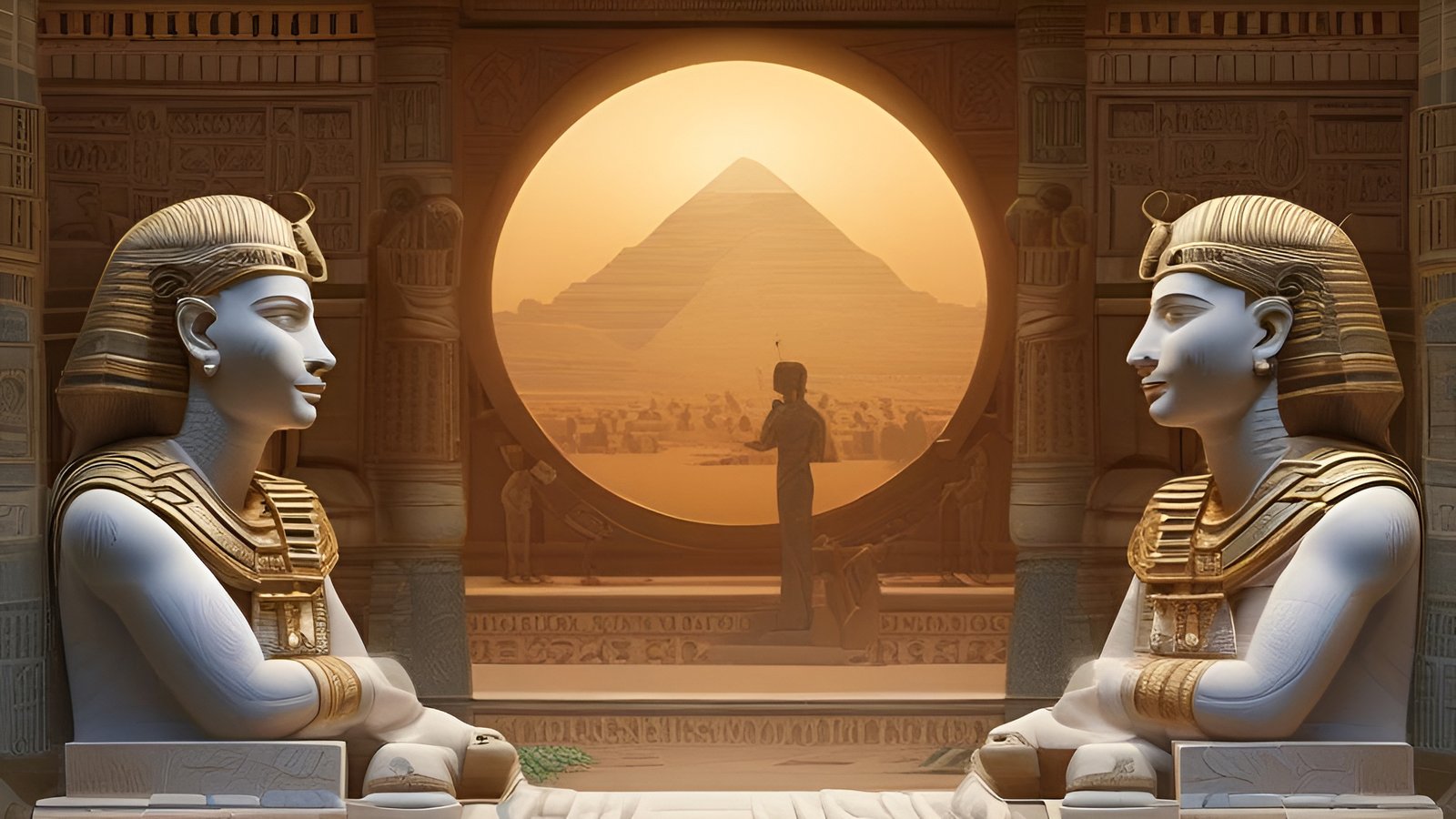 A 3d poster art of two seated Egyptian statues facing a round window that shows a Giza pyramid at sunset