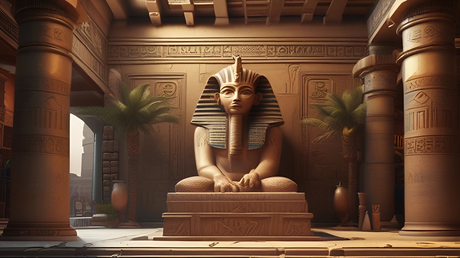 A 3d poster art of a seated pharaoh statue on a stone plinth in a columned hall with palm trees and clay jars