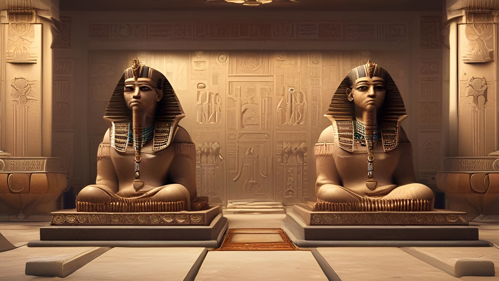 A 3d poster art pair of seated pharaoh statues on pedestals in a temple hall with hieroglyph walls and stone basins