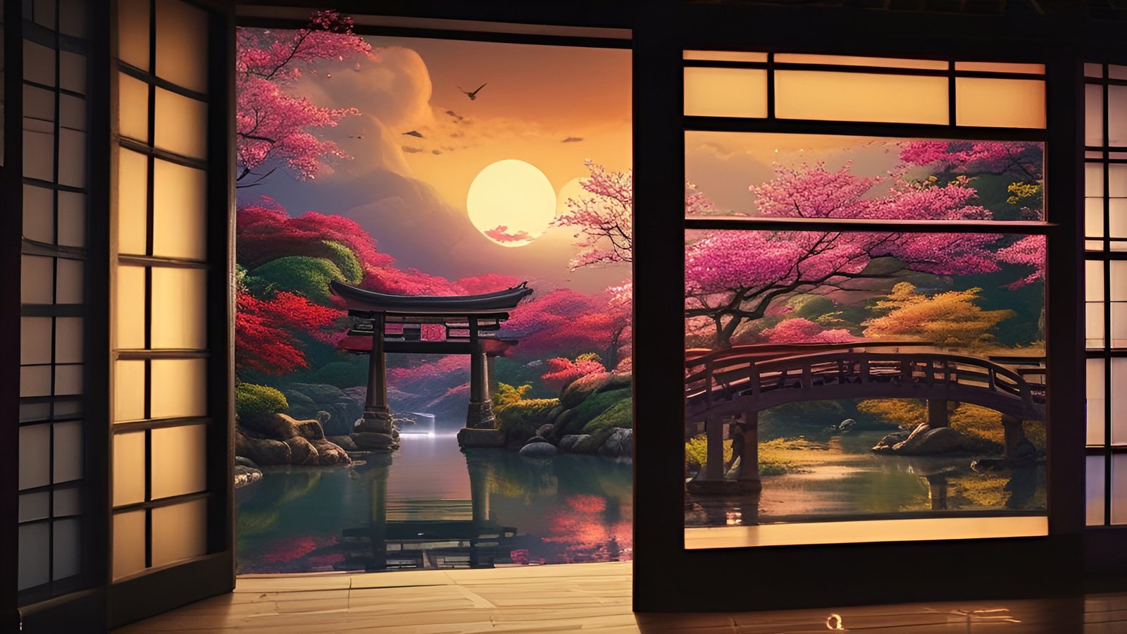 An oil painting style of shoji screens opening onto a red torii in a pond with pink cherry trees and an arched wooden bridge